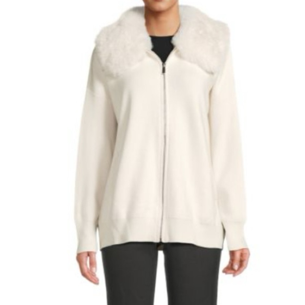 Saks Fifth Avenue Cream Cardigan with Faux Fur Collar